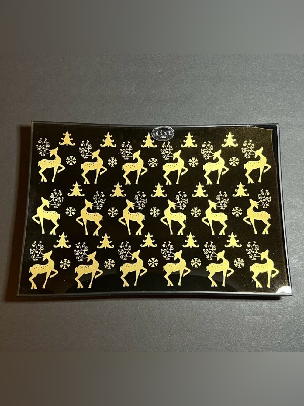 Abbott Collection Black & Gold Glass Reindeer Pattern Rectangular Christmas Dish
